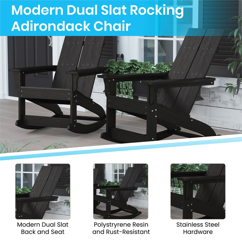 Afuera Living 2 Black Dual Slat Adirondack Rocking Chairs with 1 Side Table