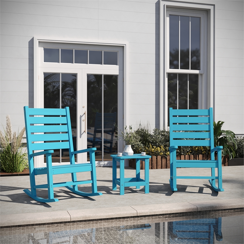 Afuera Living 3pc Indoor/Outdoor Set with 2 Rocking Chairs & End Table in Blue