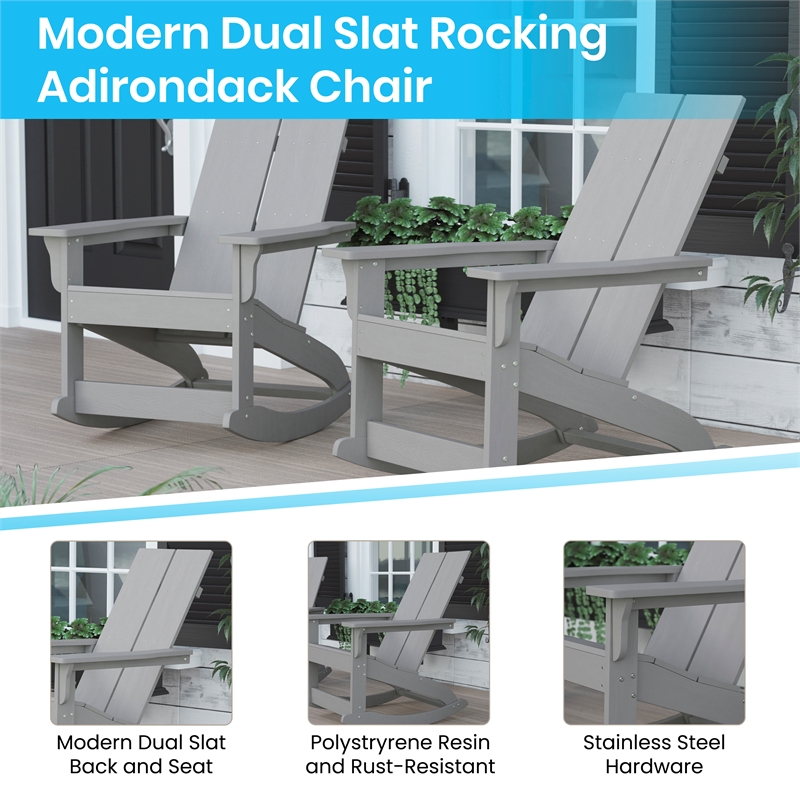 Afuera Living 2-Slat Adirondack Resin Rocking Chair for Indoor/Outdoor in Gray