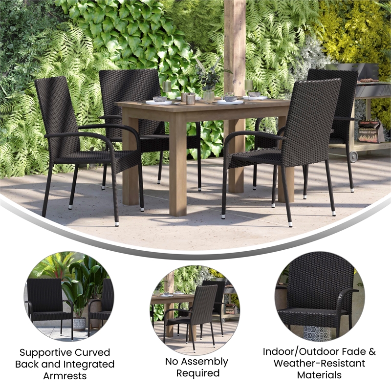 Afuera Living Stacking Steel Framed Black Wicker Dining Armchairs - 4 Pack
