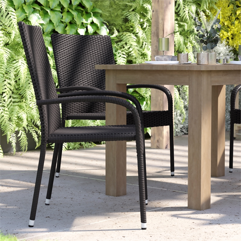 Afuera Living Stacking Steel Framed Black Wicker Dining Armchairs - 4 Pack