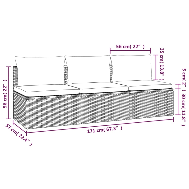 Afuera Living 3-Seater Poly Rattan Large Adjustable Feet Garden Sofa in Gray