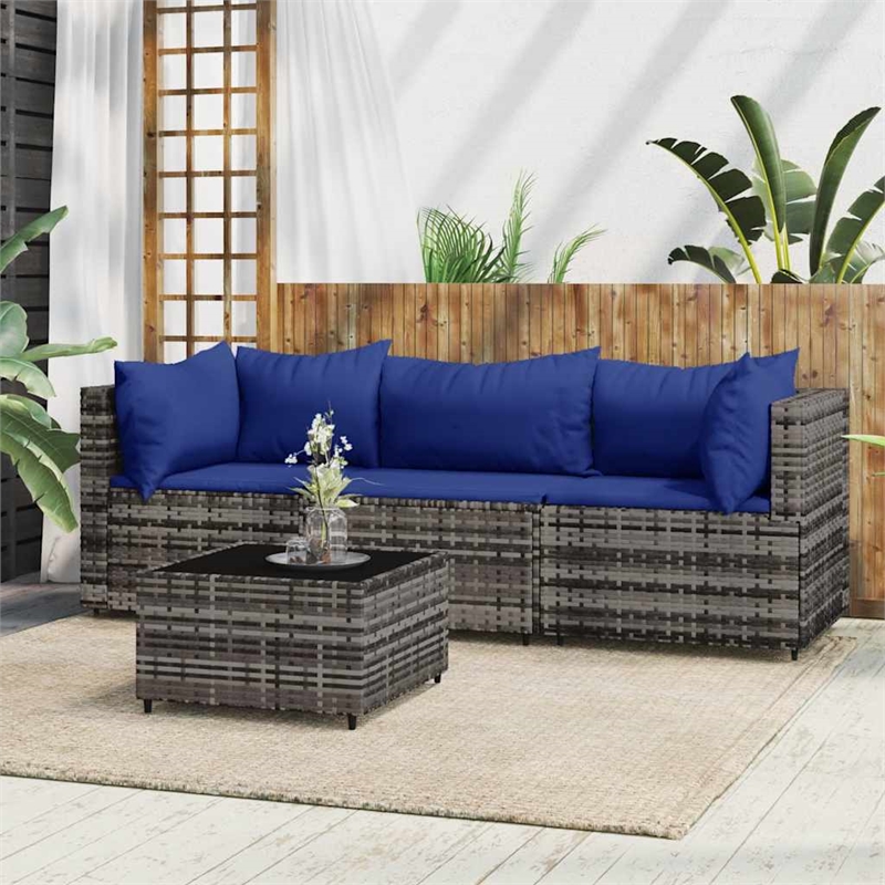 Afuera Living Rattan 4 PC Patio Lounge Set With Cushions in Dark Blue/Gray Frame