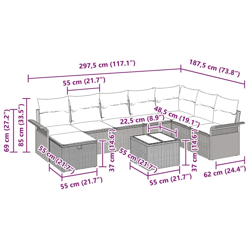 Afuera Living 9 Piece Beige Poly Rattan Garden Sofa Set With Cushions in Cream