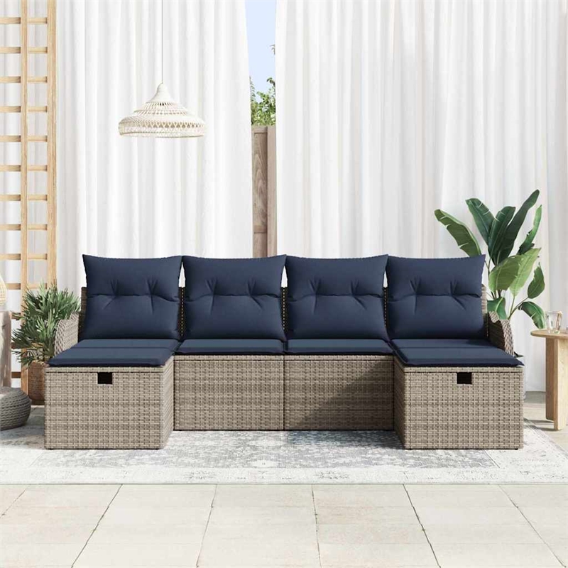 Afuera Living 6 Piece Gray Poly Rattan Sofa Set With Cushions in Navy