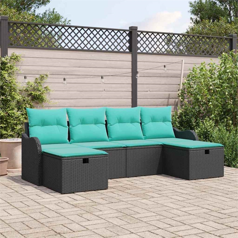 Afuera Living 6 Piece Black Poly Rattan Sofa Set With Cushions in Turquoise