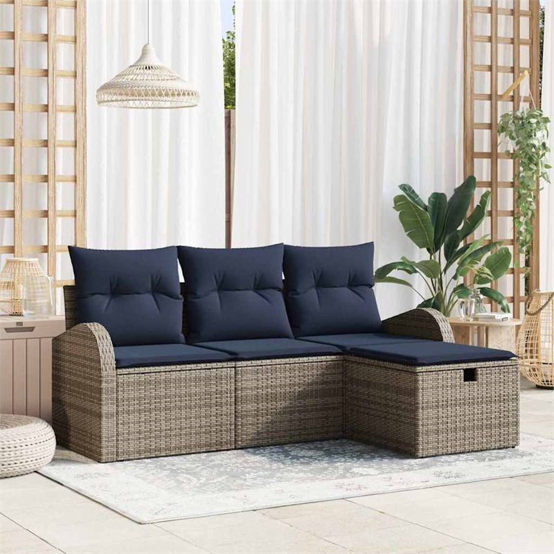 Afuera Living 4 Piece Gray Poly Rattan Sofa Set With Cushions in Navy