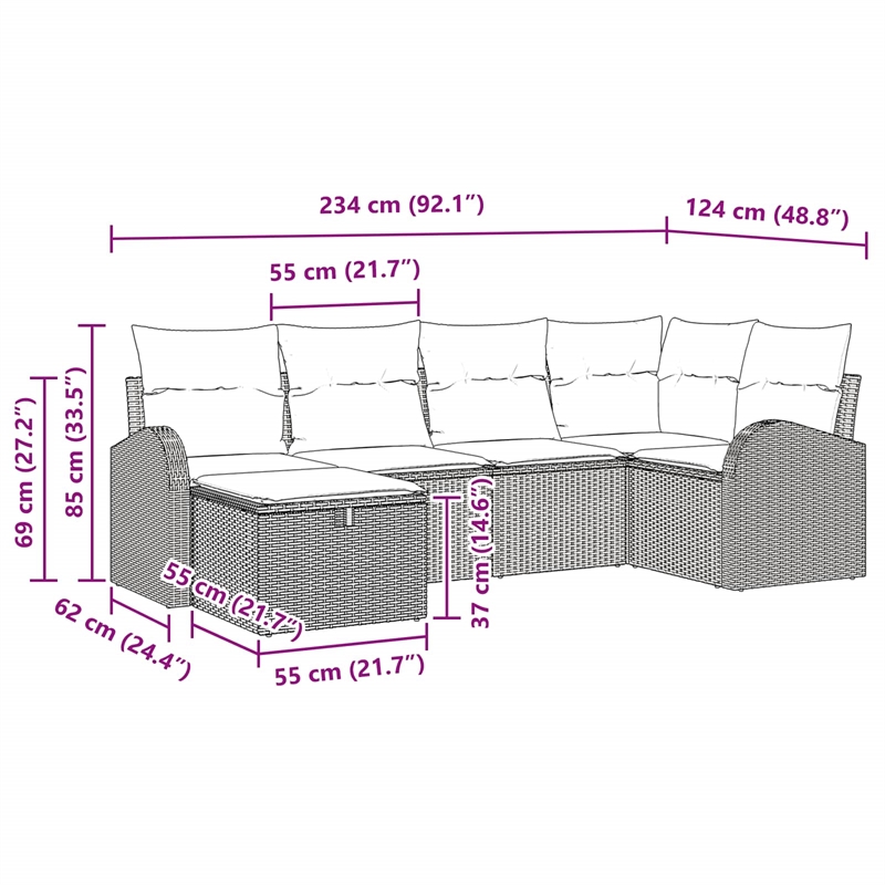 Afuera Living 6 Piece Black Poly Rattan Sofa Set With Cushions in Turquoise