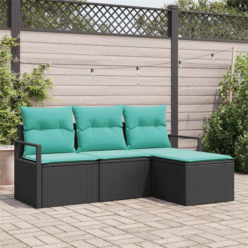 Afuera Living 4 Piece Black Poly Rattan Sofa Set With Cushions in Turquoise