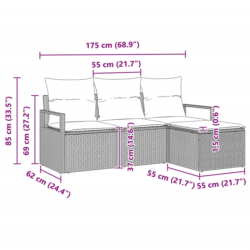Afuera Living 4 Piece Black Poly Rattan Sofa Set With Cushions in Turquoise