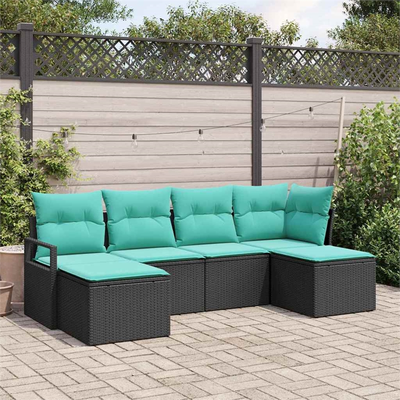 Afuera Living 6 Piece Black Poly Rattan Sofa Set With Cushions in Turquoise