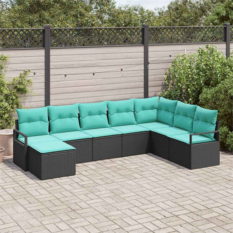 Afuera Living 8 Piece Black Poly Rattan Sofa Set With Cushions in Turquoise