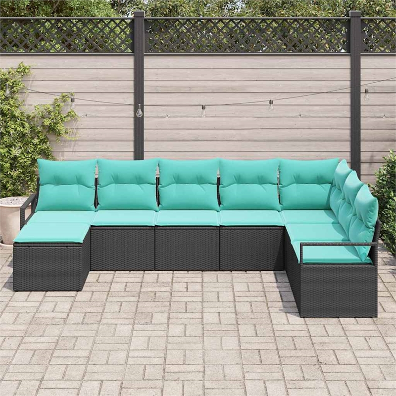 Afuera Living 8 Piece Black Poly Rattan Sofa Set With Cushions in Turquoise