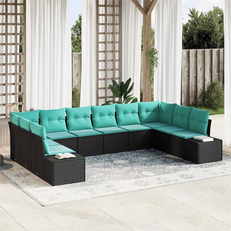 Afuera Living 10 Piece Black & Turquoise Poly Rattan Garden Sofa Set