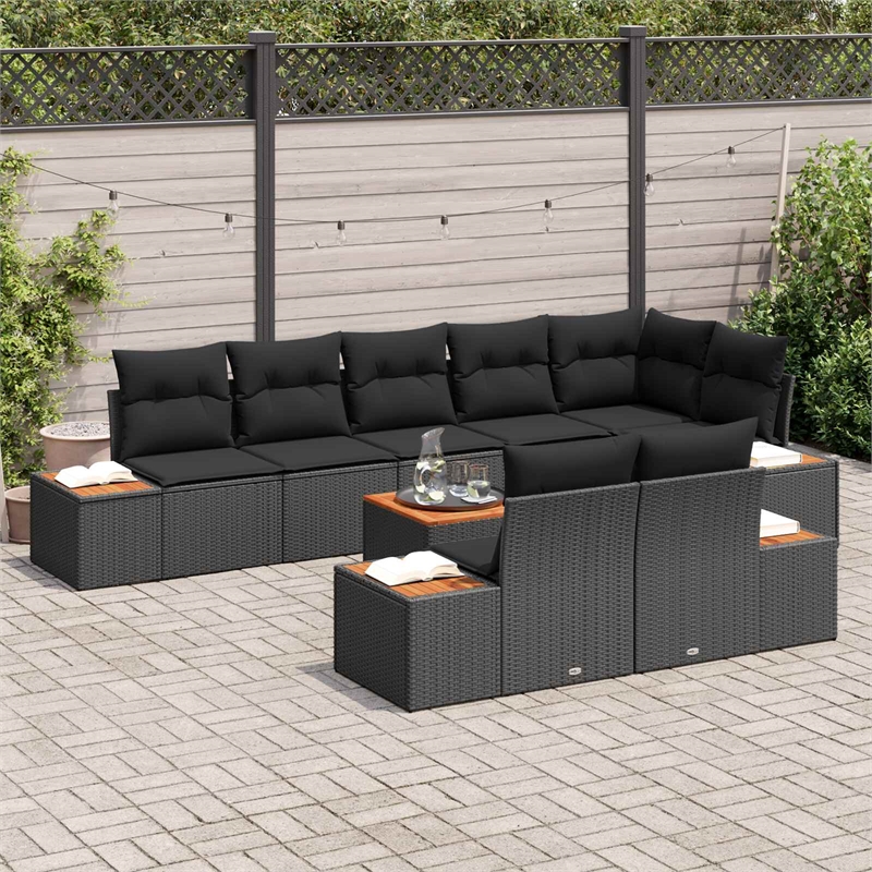 Afuera Living 8 Piece Black Poly Rattan Garden Sofa Set With Cushions