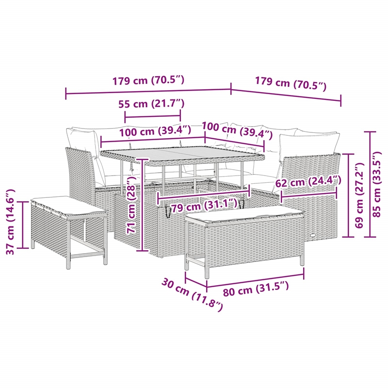 Afuera Living 8 Piece Poly Rattan & Powder-Coated Steel Garden Sofa Set in Black