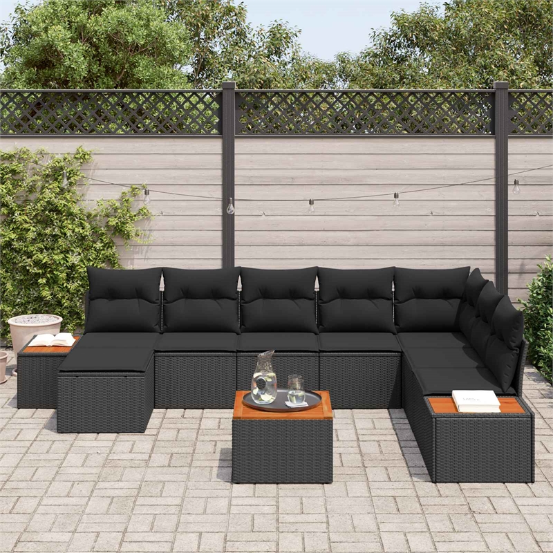 Afuera Living 9 Piece Black Poly Rattan Garden Sofa Set With Cushions