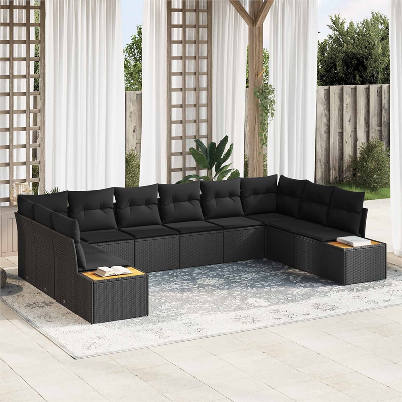 Afuera Living 10 Piece Black Poly Rattan Garden Sofa Set With Cushions