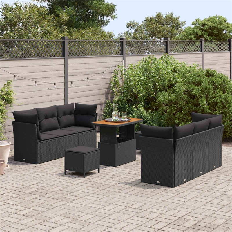 Afuera Living 9 Piece Black Poly Rattan Garden Sofa Set With Cushions
