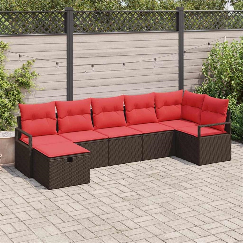 Afuera Living 7 Piece Brown Poly Rattan Sofa Set With Cushions in Red