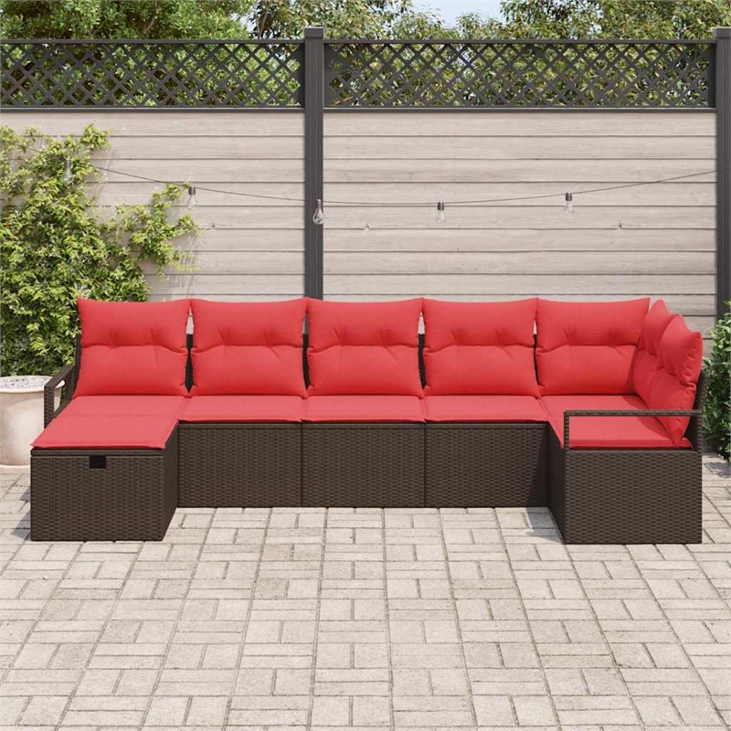 Afuera Living 7 Piece Brown Poly Rattan Sofa Set With Cushions in Red