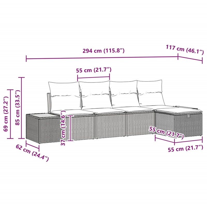 Afuera Living 5 Piece Black Poly Rattan Garden Sofa Set With Pillows