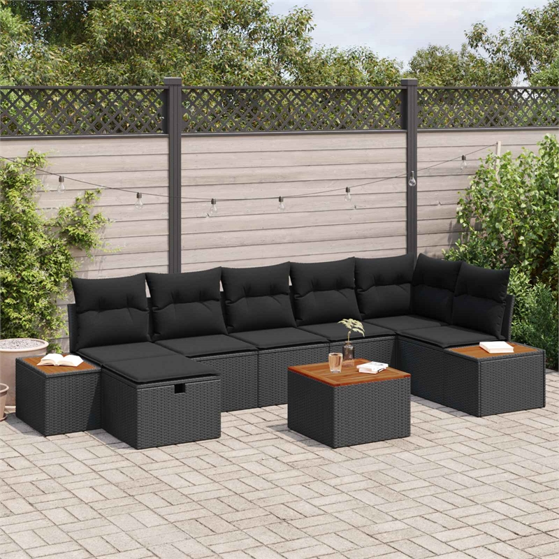 Afuera Living 8 Piece Black Poly Rattan Garden Sofa Set With Pillows
