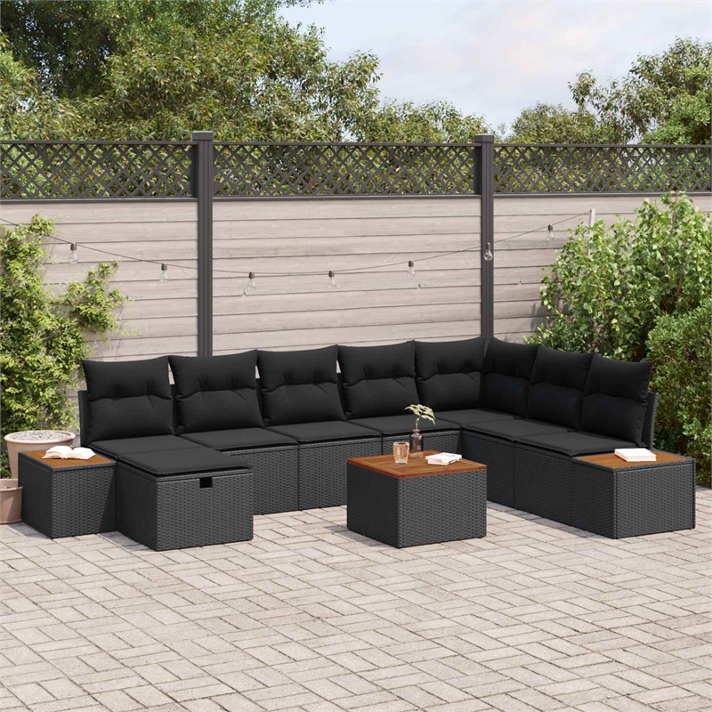 Afuera Living 9 Piece Black Poly Rattan Garden Sofa Set With Pillows