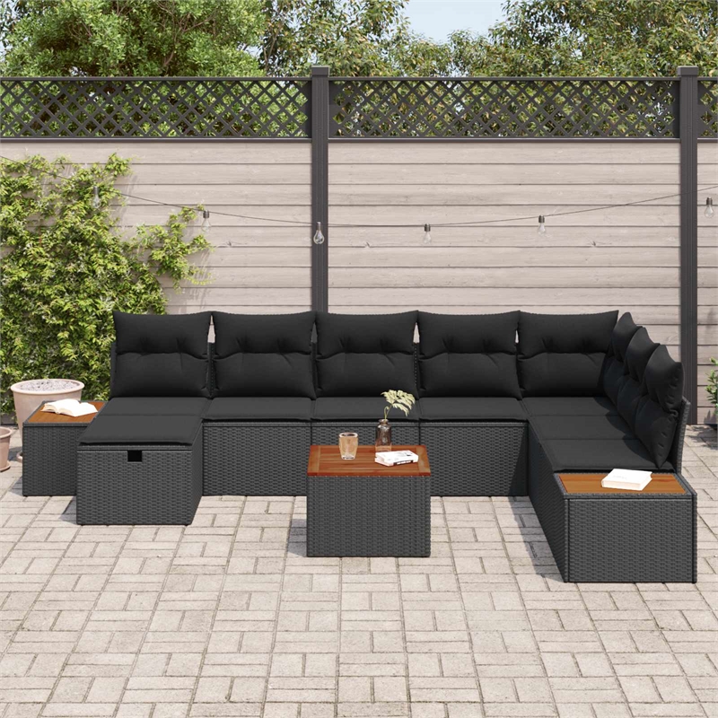 Afuera Living 9 Piece Black Poly Rattan Garden Sofa Set With Pillows