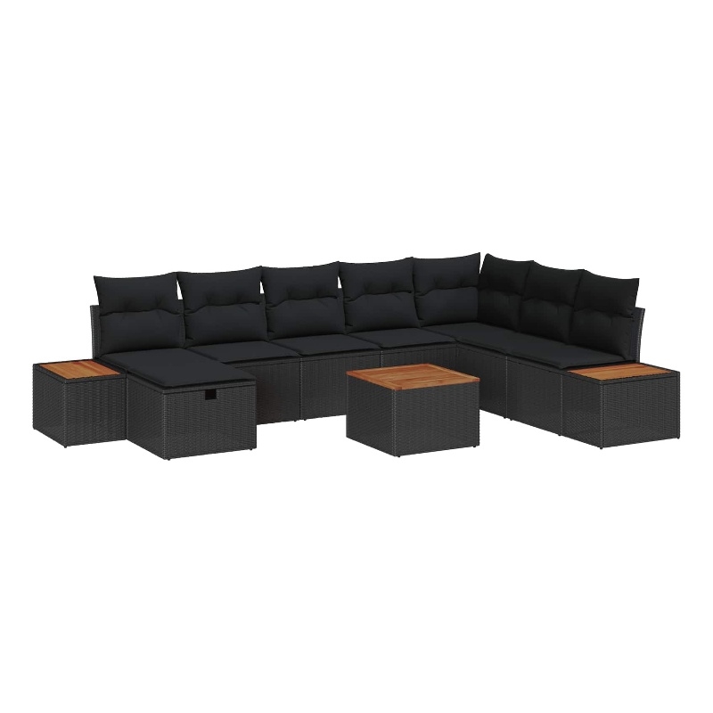 Afuera Living 9 Piece Black Poly Rattan Garden Sofa Set With Pillows