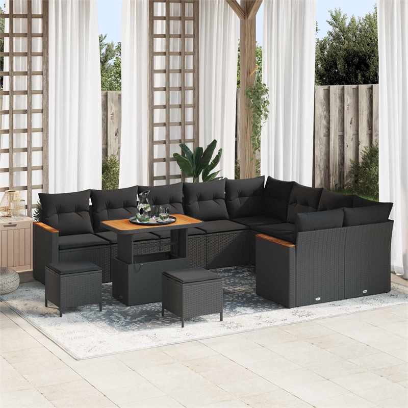 Afuera Living 12 Piece Poly Rattan Garden Sofa Set With Pillows in Black