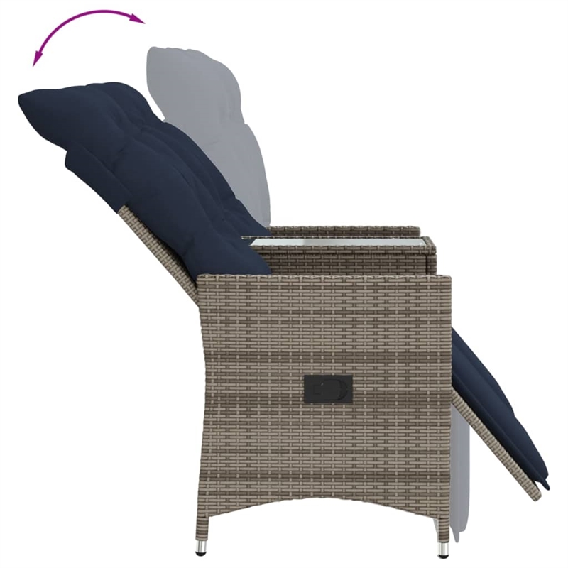 Afuera Living 2-Seater Rattan Reclining Patio Sofa With Table in Navy Blue/Gray