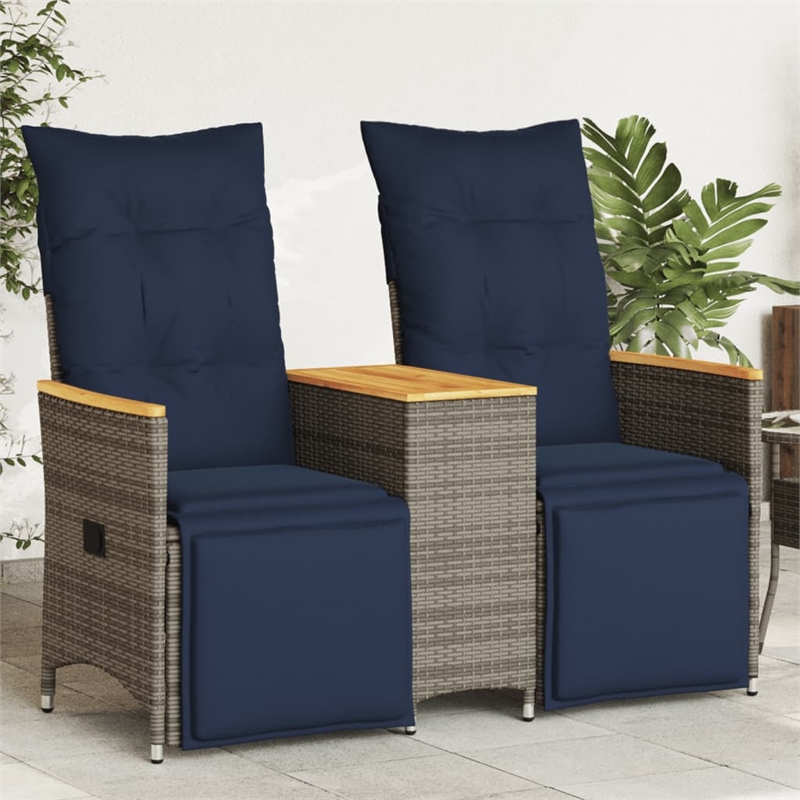 Afuera Living 2-Seater Rattan Reclining Patio Sofa With Table in Navy Blue/Gray