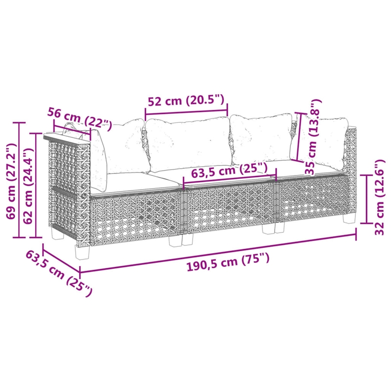 Afuera Living 3 Piece PE Rattan 3-Seater Modular Garden Sofa Set in Gray