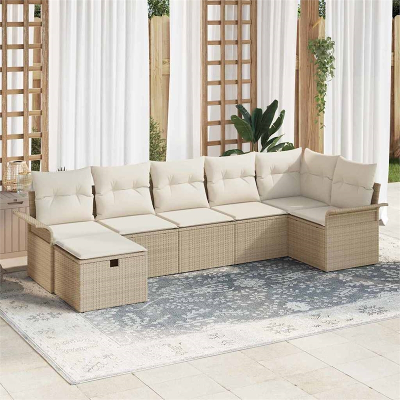 Afuera Living 7 Piece Beige Poly Rattan Garden Sofa Set With Cream Cushions