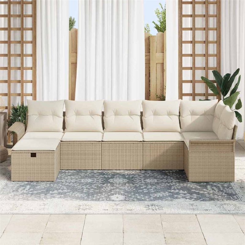 Afuera Living 7 Piece Beige Poly Rattan Garden Sofa Set With Cream Cushions