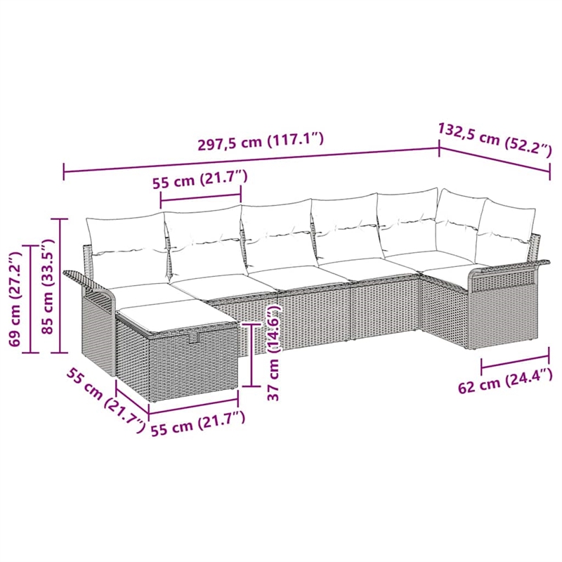 Afuera Living 7 Piece Beige Poly Rattan Garden Sofa Set With Cream Cushions