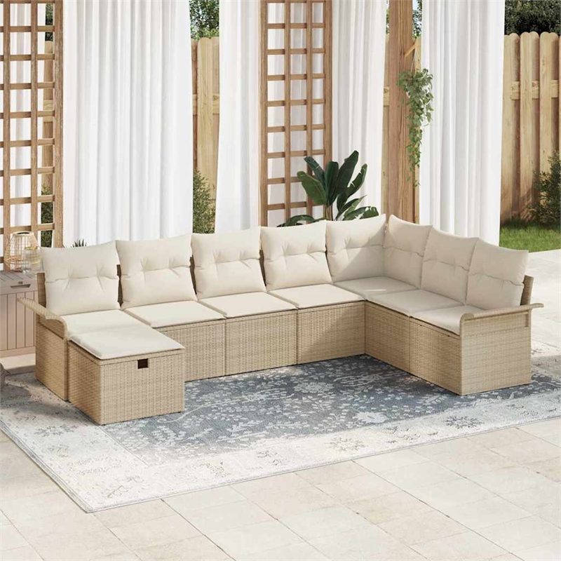 Afuera Living 8 Piece Beige Poly Rattan Garden Sofa Set With Cream Cushions