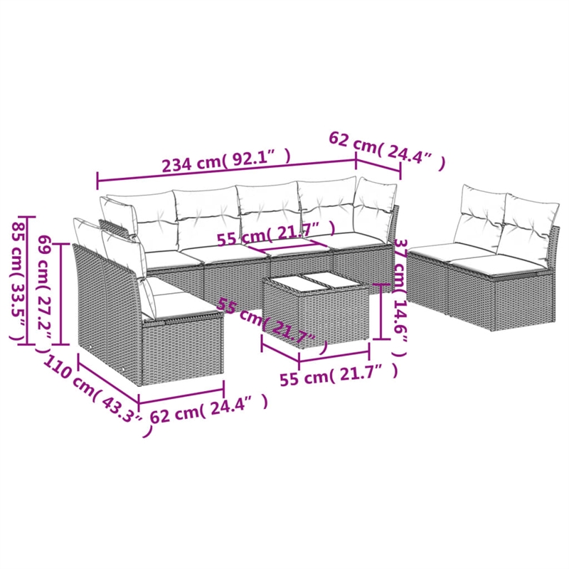 Afuera Living Contemporary 9 Piece Poly Rattan Sofa Set in Gray