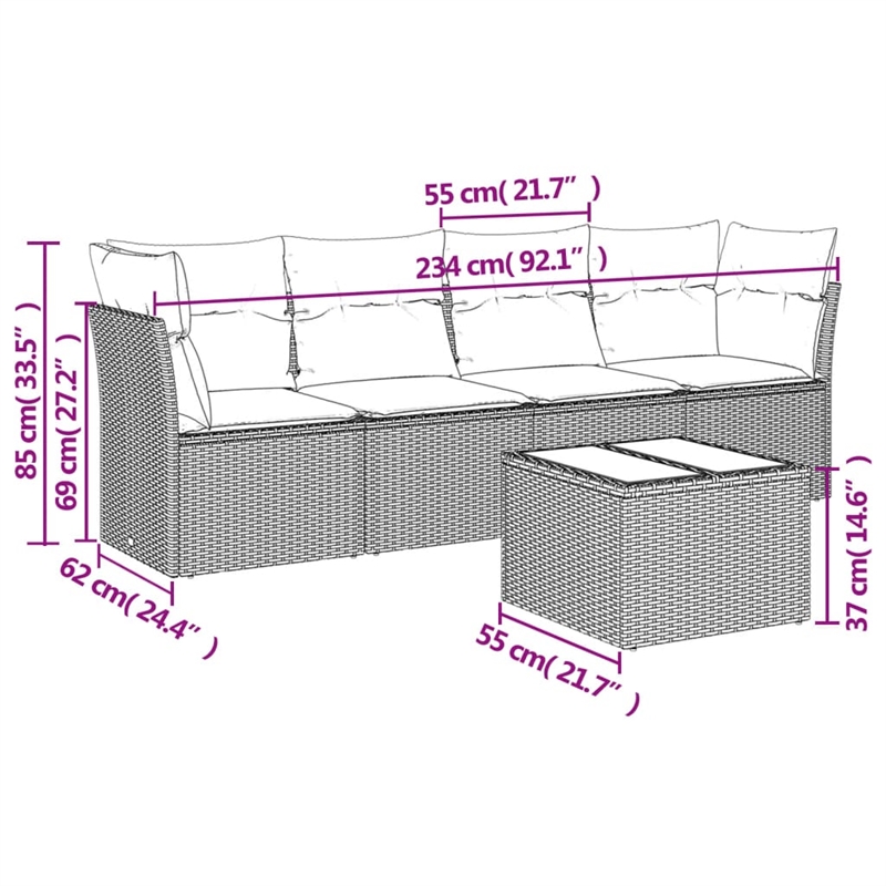 Afuera Living Contemporary 5 Piece Poly Rattan Sofa Set in Black/Cream