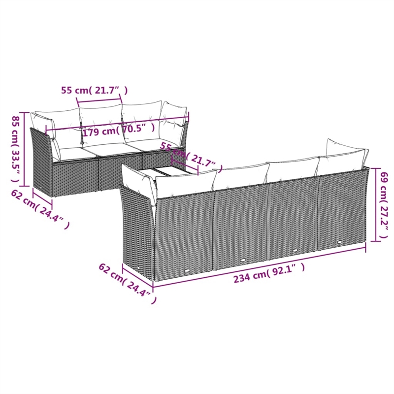 Afuera Living Contemporary 8 Piece Poly Rattan Sofa Set in Gray