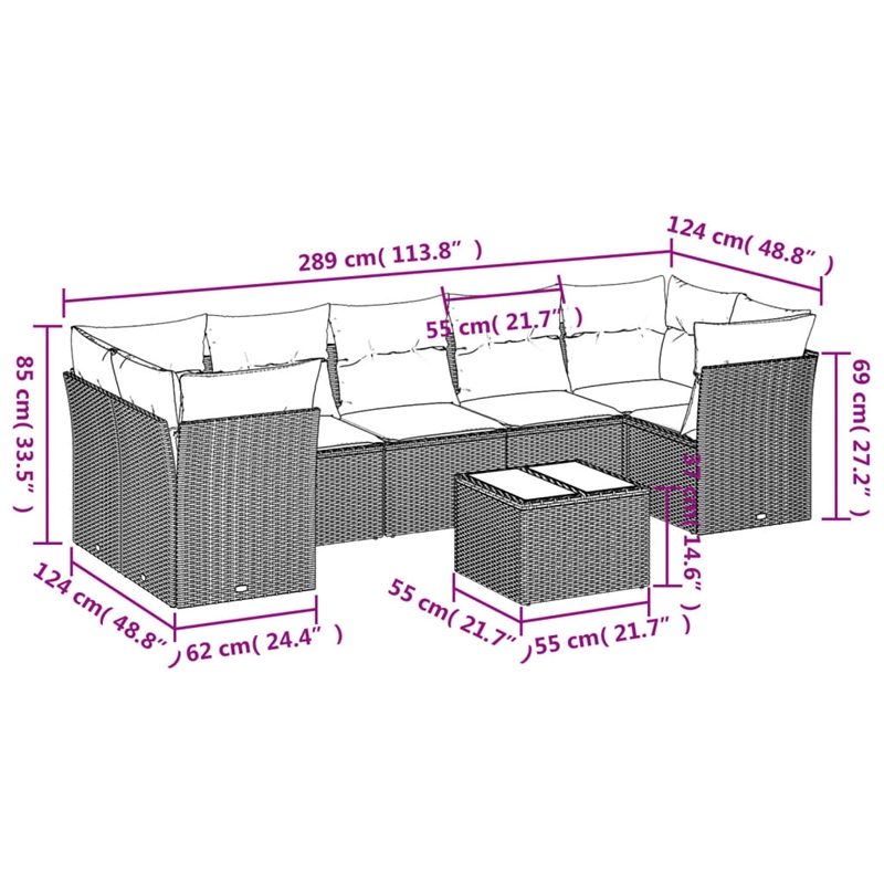 Afuera Living Contemporary 8 Piece Poly Rattan Sofa Set in Gray