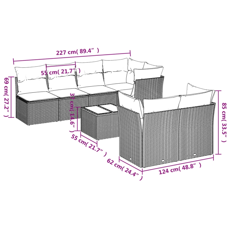 Afuera Living Contemporary 8 Piece Poly Rattan Sofa Set in Gray