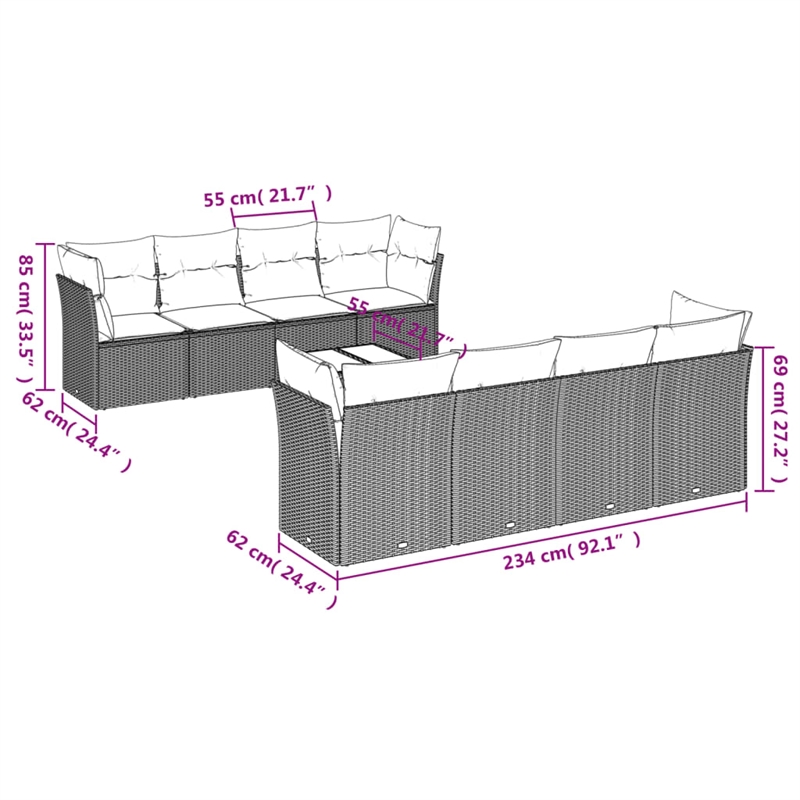 Afuera Living Contemporary 9 Piece Poly Rattan Sofa Set in Black/Cream