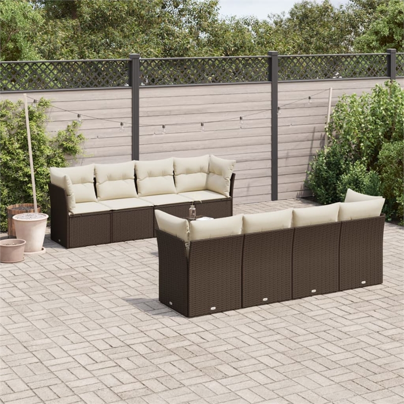 Afuera Living Contemporary Synthetic Poly Rattan 9 Piece Sofa Set in Brown/Cream