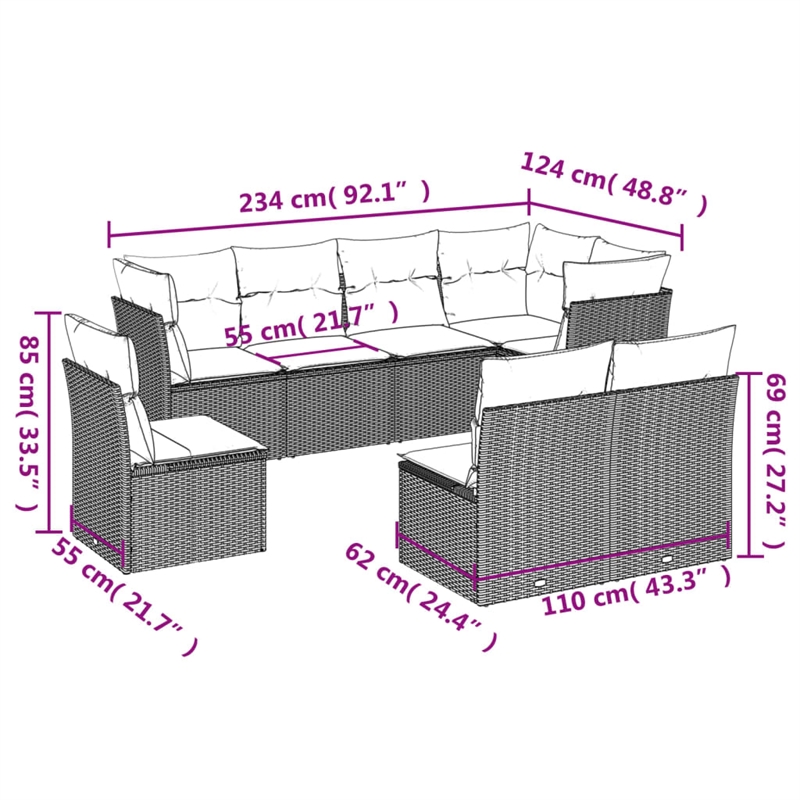 Afuera Living Contemporary 8 Piece Poly Rattan Sofa Set in Black/Cream