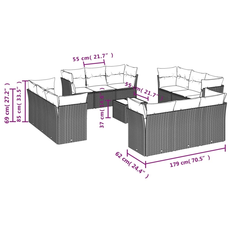 Afuera Living Contemporary 13 Piece Poly Rattan Sofa Set in Gray