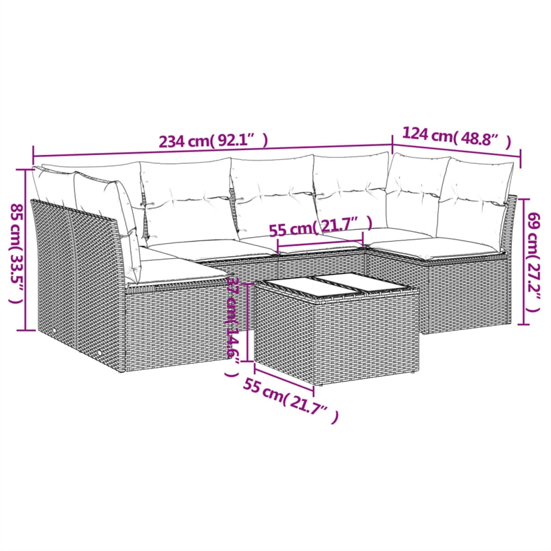 Afuera Living Contemporary 7 Piece Poly Rattan Sofa Set in Gray