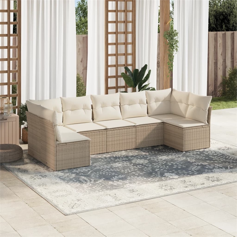 Afuera Living Contemporary Synthetic Poly Rattan 7 Piece Sofa Set in Cream/Beige
