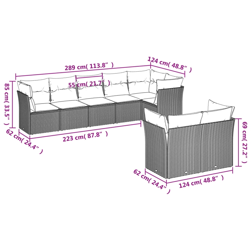 Afuera Living Contemporary 8 Piece Poly Rattan Large Sofa Set in Beige